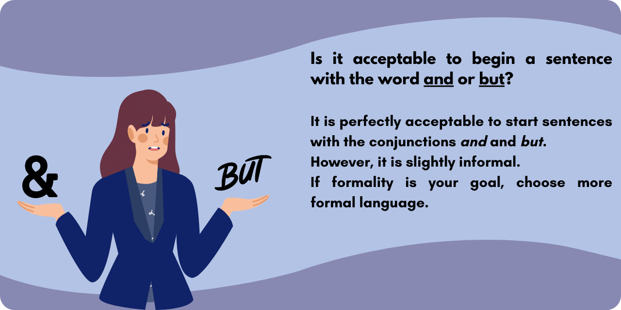 Graphic illustrating if it is acceptable to being a sentence using "and" or "but". It is acceptable to start a sentence with these conjunctions, however, it is slightly informal. 