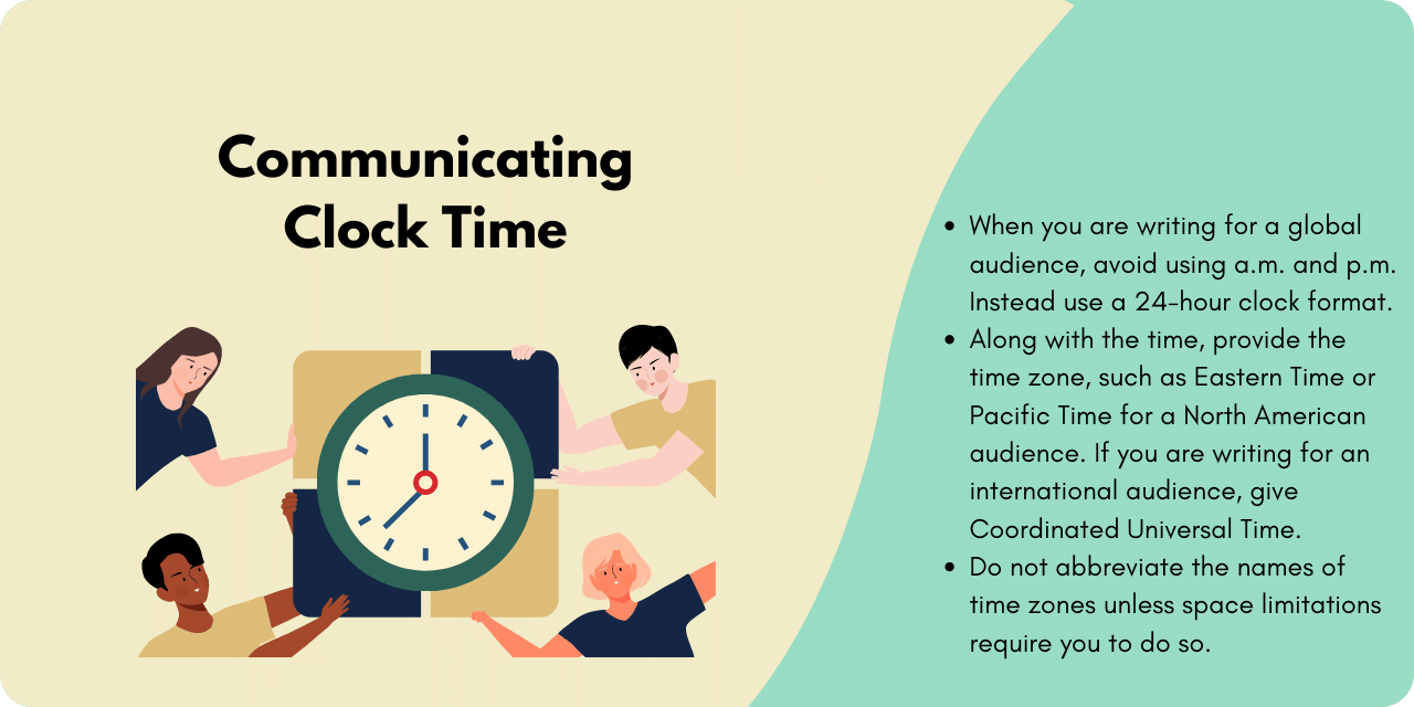 Graphic illustrating how to communicate clock time. 
