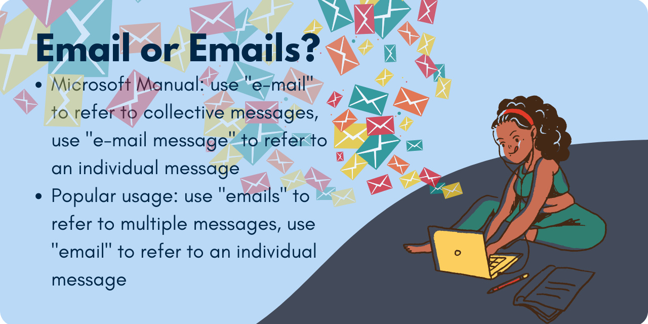 graphic listing Microsoft Manual guidance on email vs emails as well as popular usage