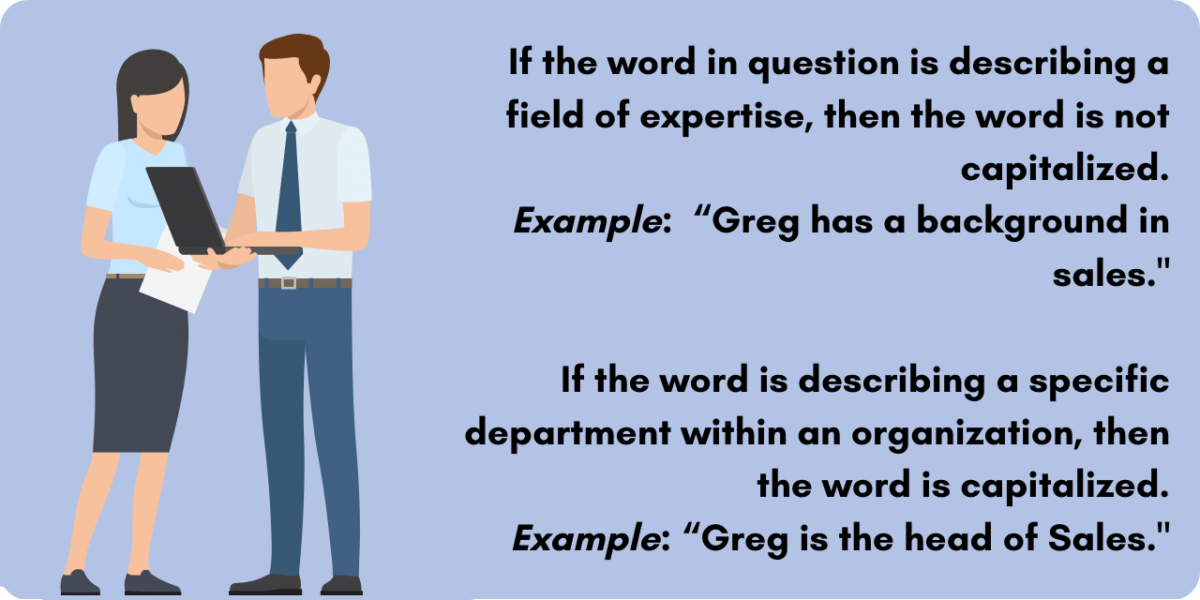 Graphic illustrating whether or not to capitalize sale department. If the word in question is describing a field of expertise, then the word is not capitalized. If the word is describing a specific department within an organization, then the word is capitalized.