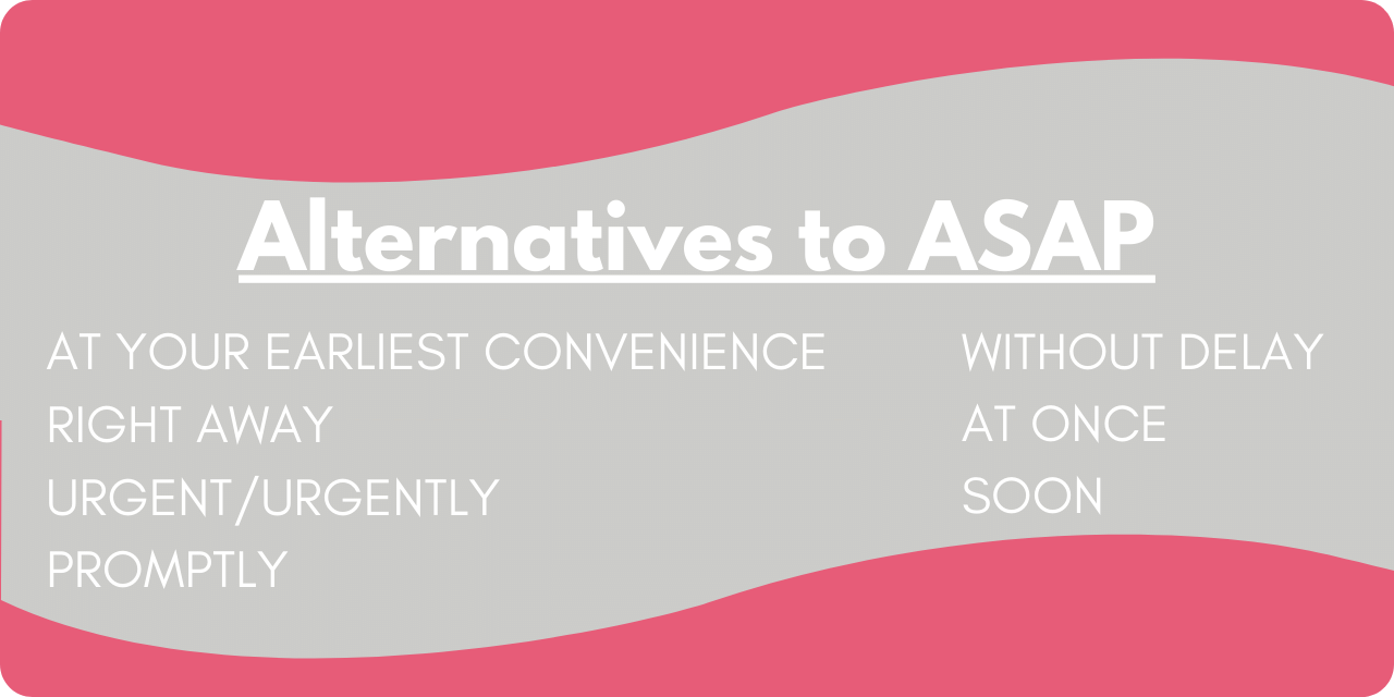 Graphic illustrating alternatives to ASAP. Some alternatives include "right away", "at once", and "promptly". 