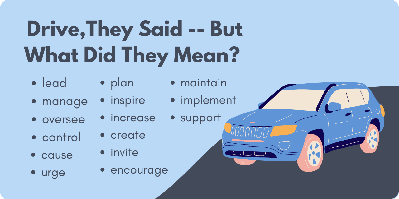 graphic with alternative verbs to replace "to drive" in business writing