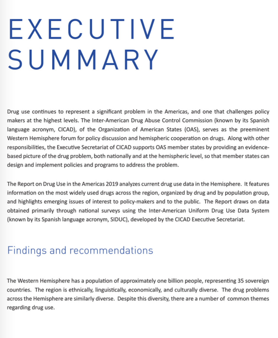 an executive summary of a 2019 Report on Drug Use in the Americas from the Organisation of American States' Inter-American Drug Abuse Control Commission