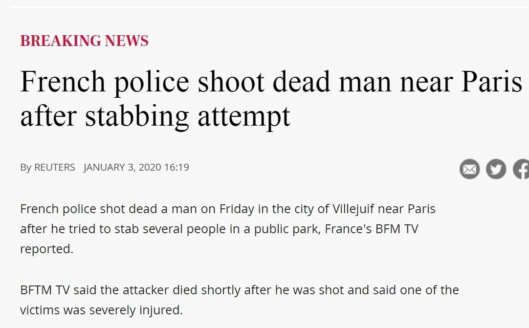An article with the headline: "French placed shoot dead man near Paris after stabbing attempt"