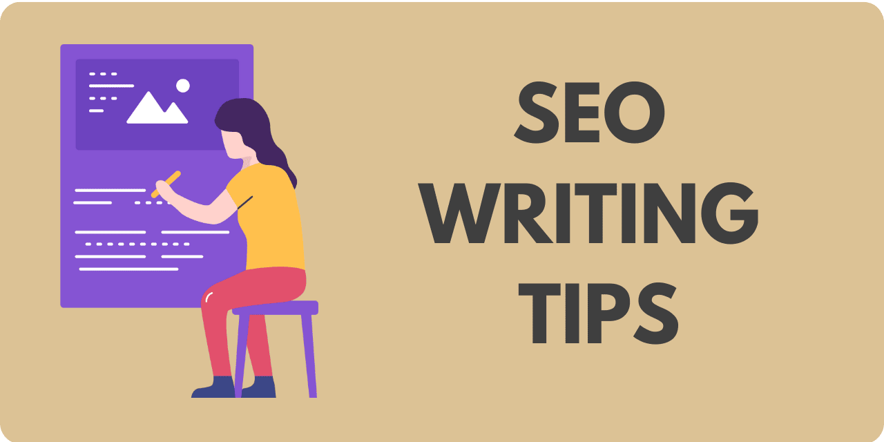 A graphic of a woman working on a blog post with the title: "SEO Writing Tips"