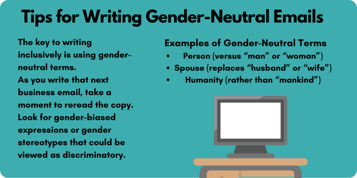 Graphic illustrating tips for writing gender neutral emails. When writing gender neutral emails it is important to use gender neutral terms in order to avoid any language that may be discriminatory. 