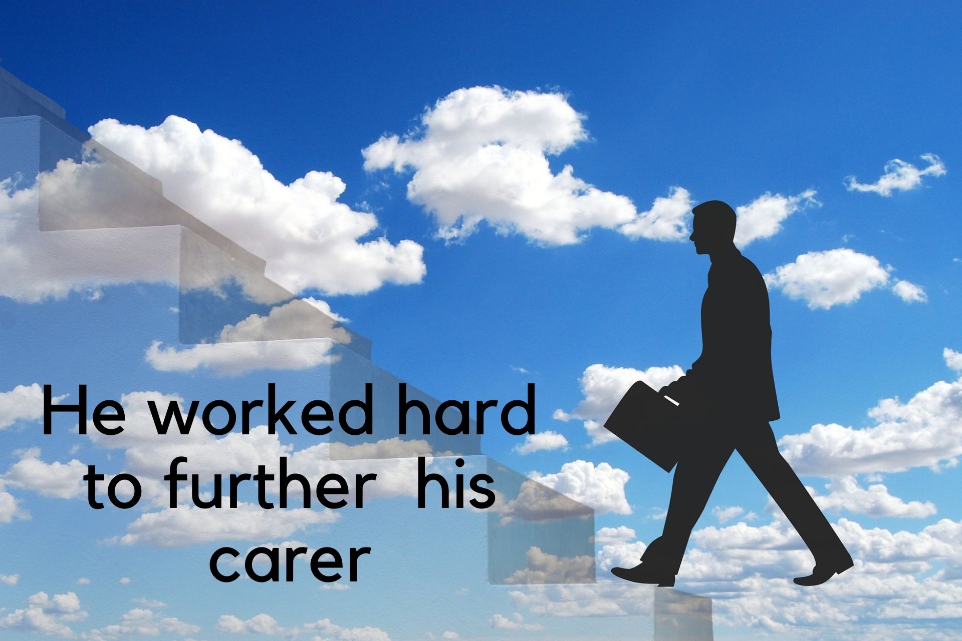 Explaining farther vs. further: graphic showing a man climbing up a figurative stairs with caption "he worked hard to further his career"
