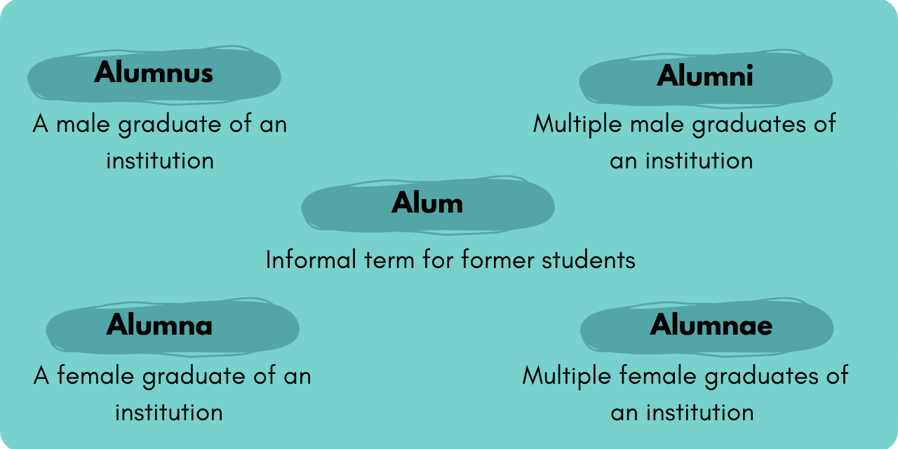 Graphic illustrating the differences and usage of "alumus", "alumni", "alum", "alumna", and "alumnae".