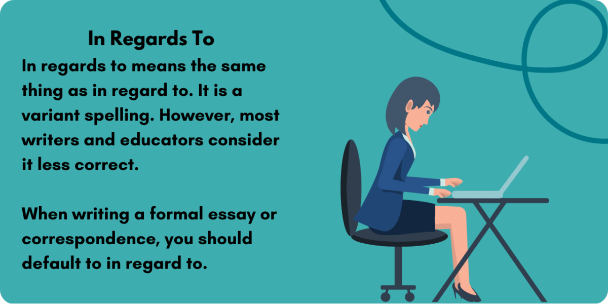 Graphic illustrating in regards to. This means the same thing as in regard to and is a variant spelling. When writing a formal essay or correspondence, you should default to in regard to. 