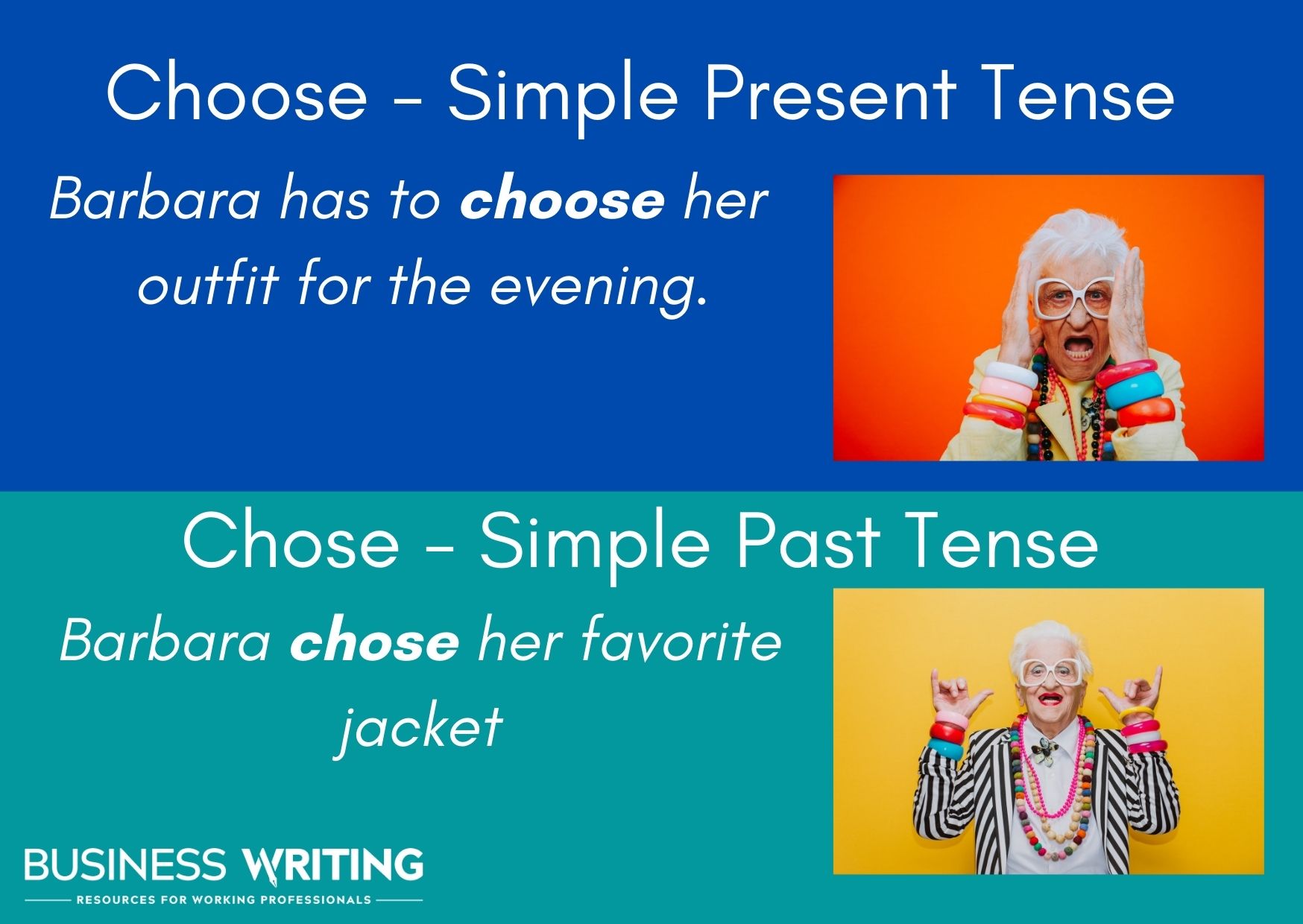 Choose vs. Chose: Choose is Simple Present Tense ( example: Barbara has to choose her outfit) whereas Chose is the Simple Past Tense (Barbara chose her outfit)