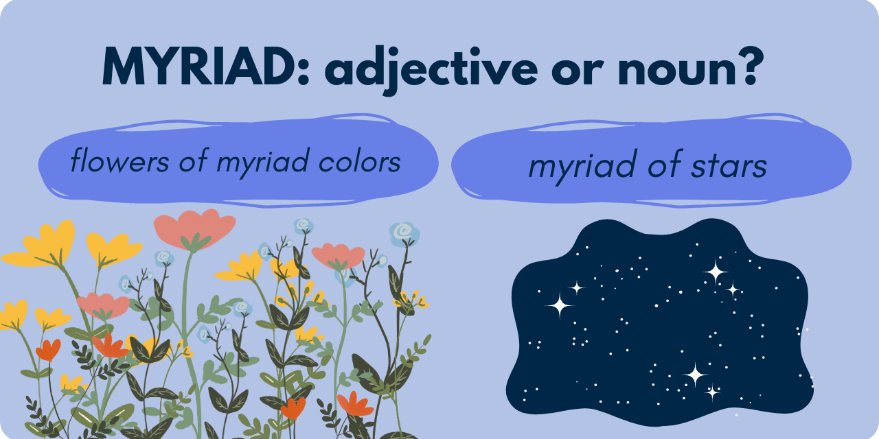 graphic stating "myriad: adjective or noun?" with examples of "flowers of myriad colors" and "myriad stars"