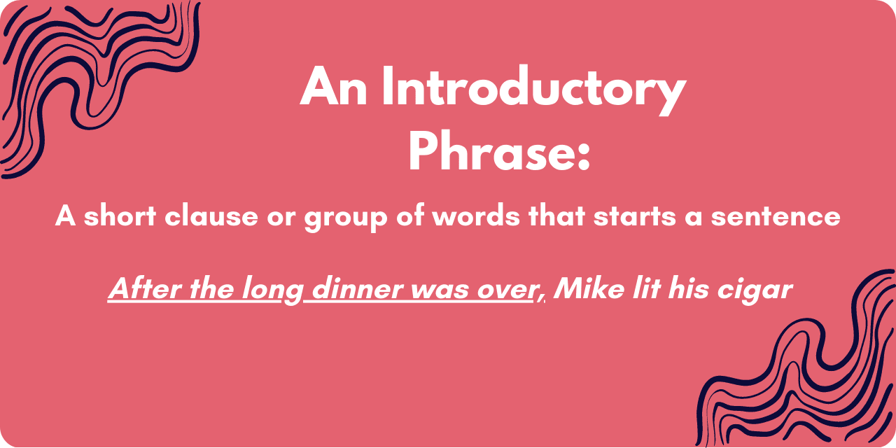 A graphic explaining what is an introductory phrase, and gives an example, using a comma after the introductory phrase: "After the long dinner was over, Mike lit his cigar."