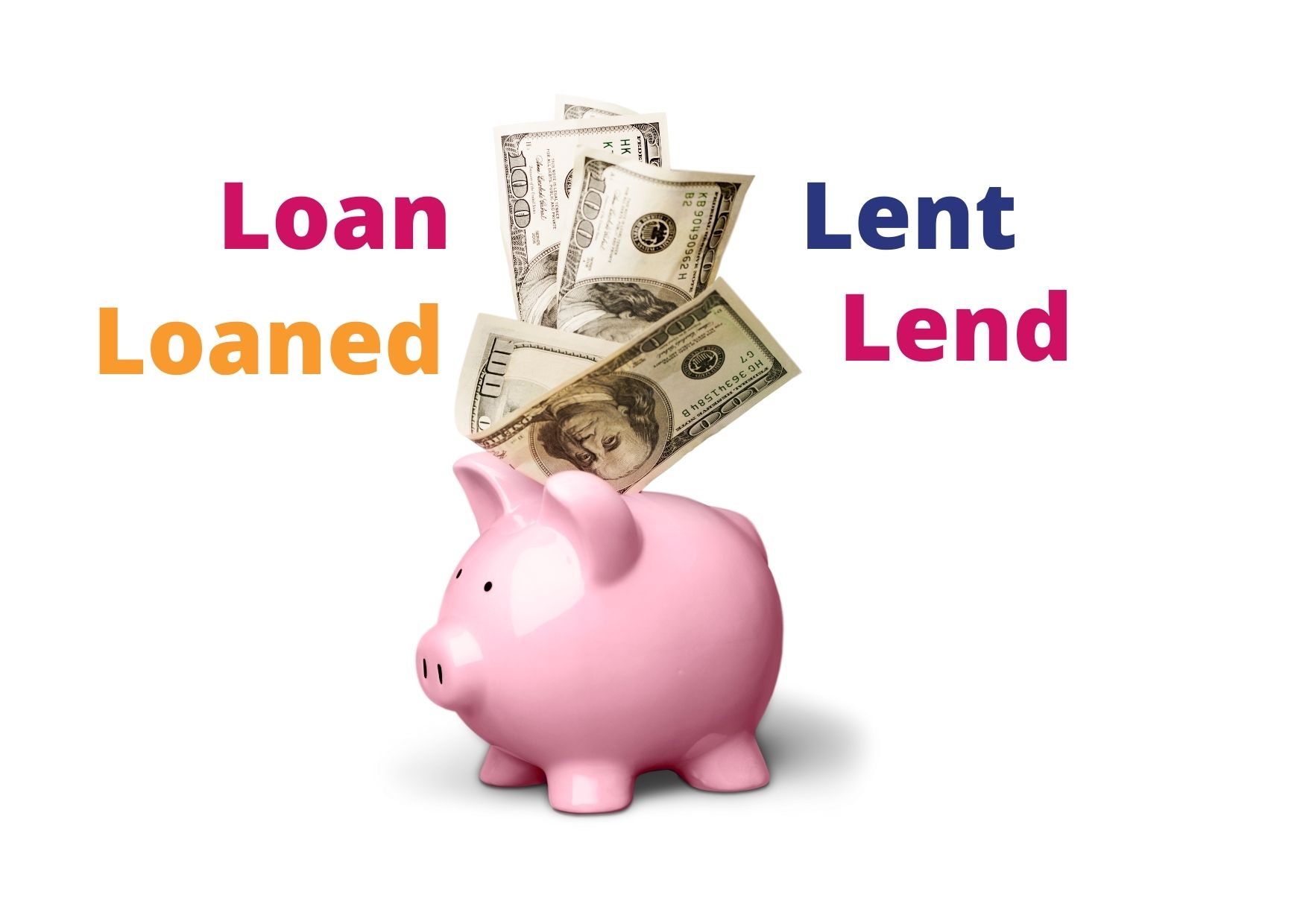 Graphic with a piggy bank and the words: "Loan, Loaned, Lent and Lend"