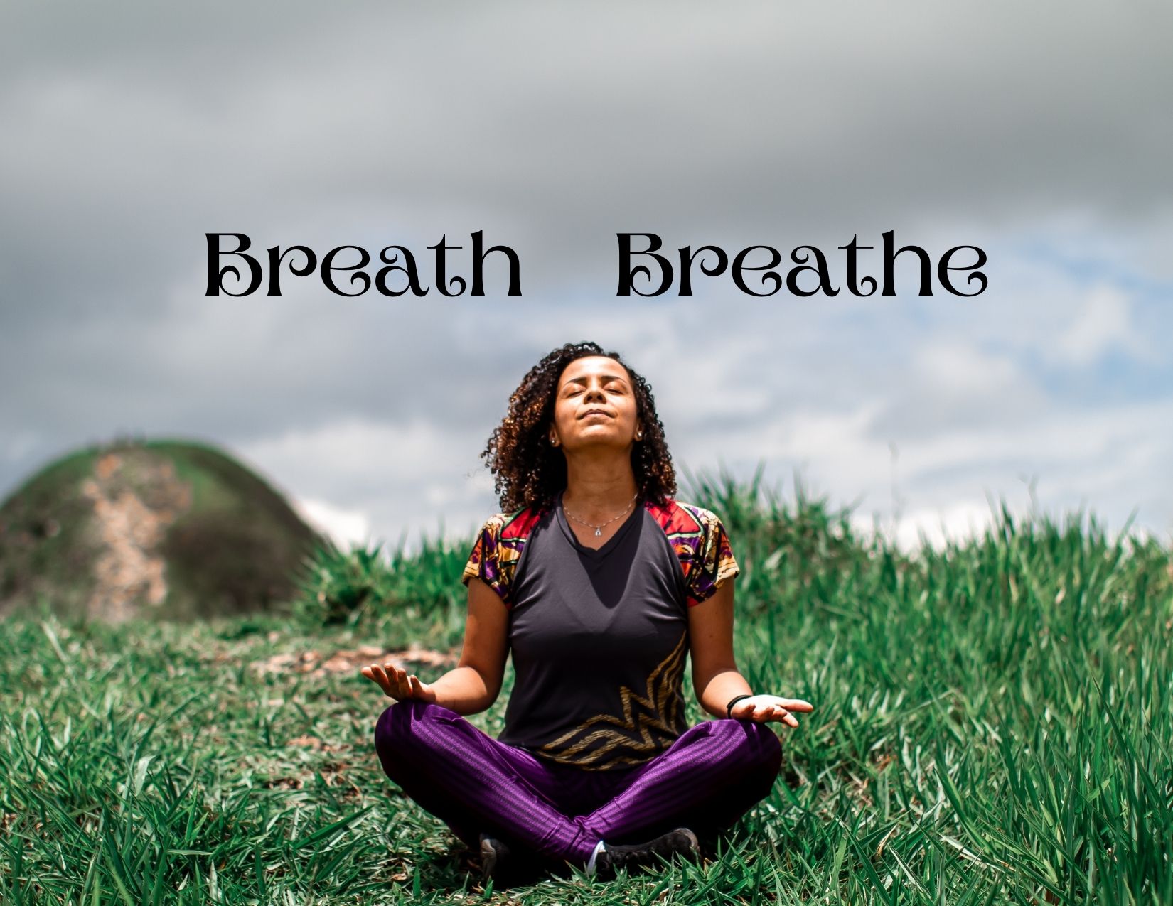 A graphic showing a woman in a meditation position breathing, with the words breath vs. breathe