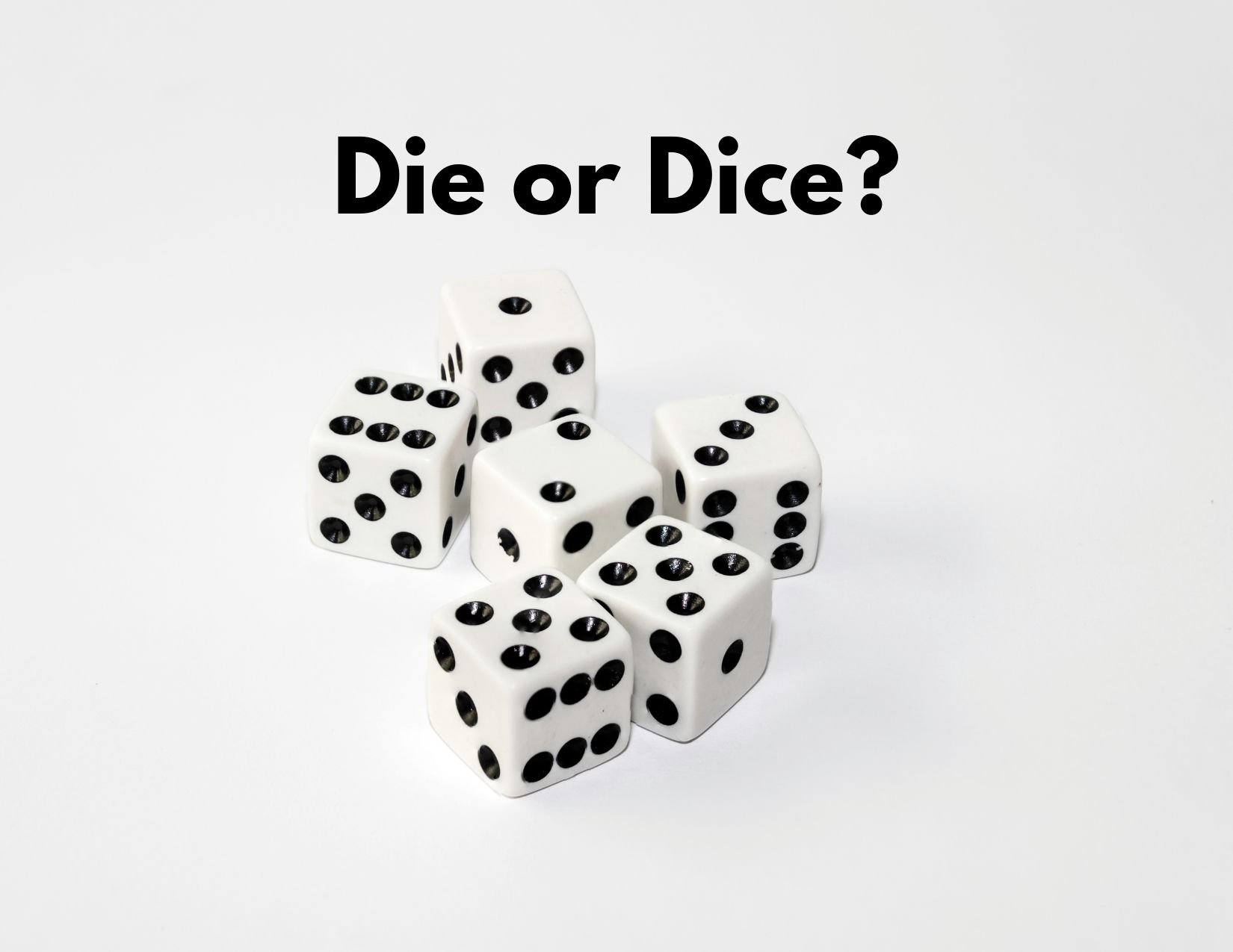 A picture of dice with the words "Die or Dice?"