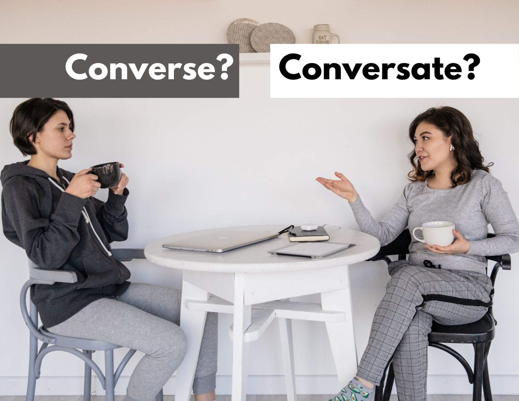 A graphic of two people talking with the words Converse or Conversate?