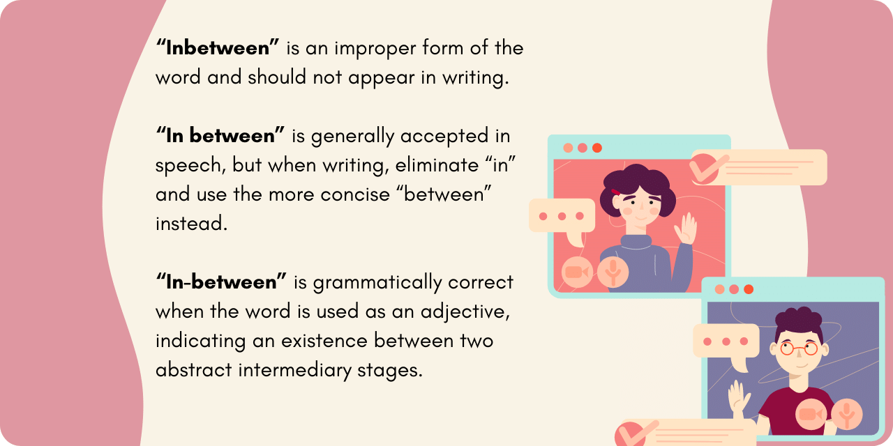 Graphic illustrating the difference between "inbetween", "in between", and "in-between". 