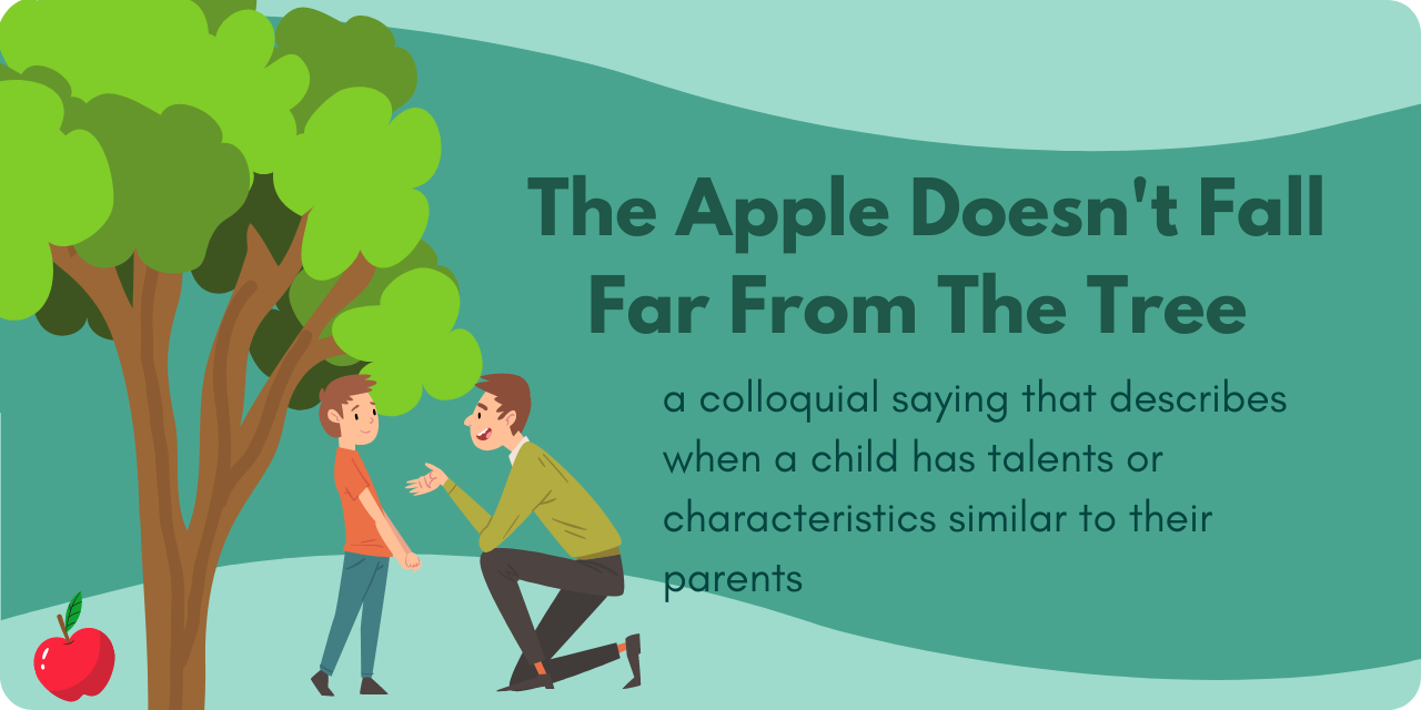 graphic showing a tree with an apple and a father and son with the caption "the apple doesn't fall far from the tree"