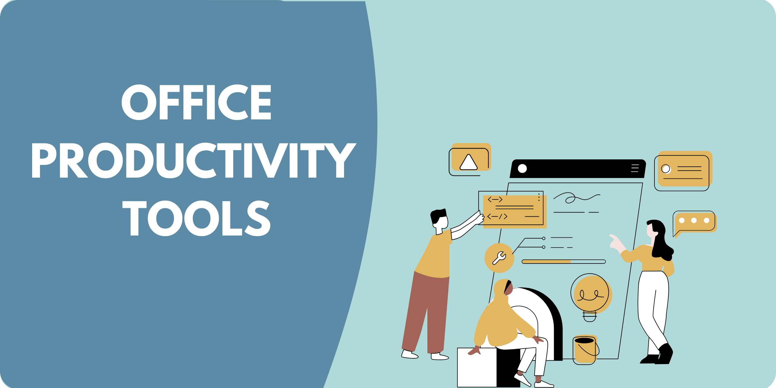 A graphic of office workers working on a webpage using various fictional tools next to the text "Office Productivity Tools"