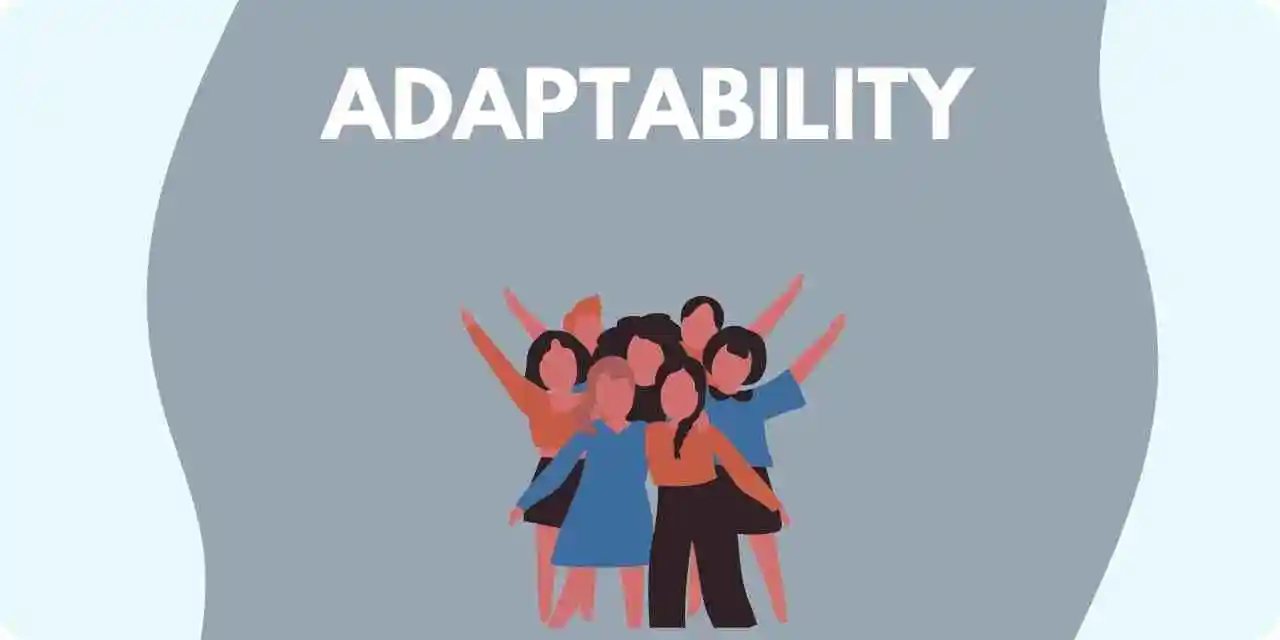 A graphic of a team of employees and the word "adaptability"