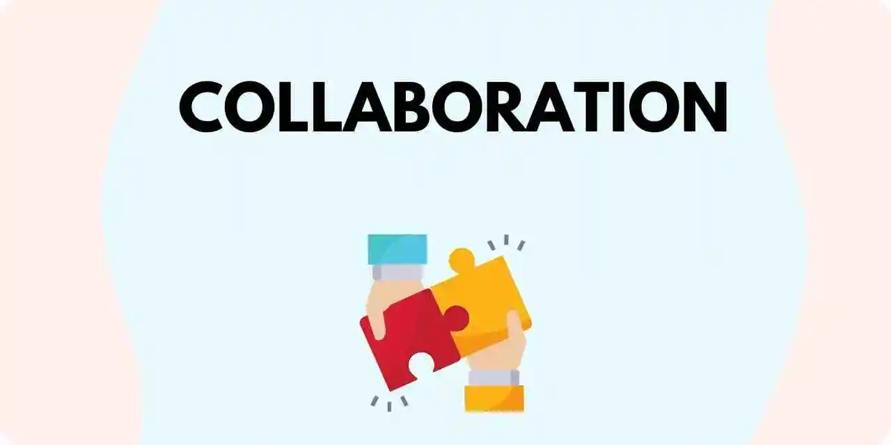 A graphic of a puzzle being solved by a set of hands with the word: "collaboration"