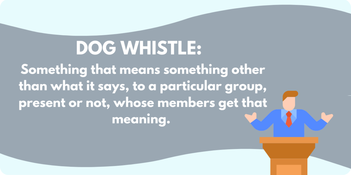 A graphic of a politician behind a podium with a definition of "Dog Whistle:" something that means something other than what it says, to a particular group, present or not, whose members get that meaning. 