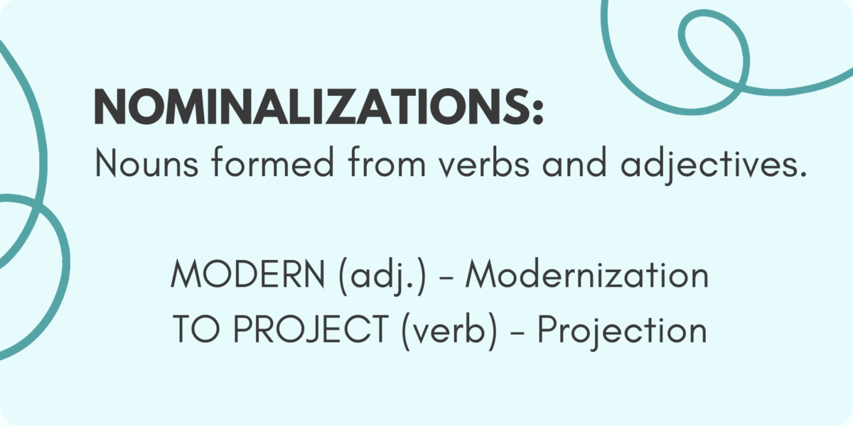 Graphic with a definition of Nomalizations: turning nouns and adjectives into verbs