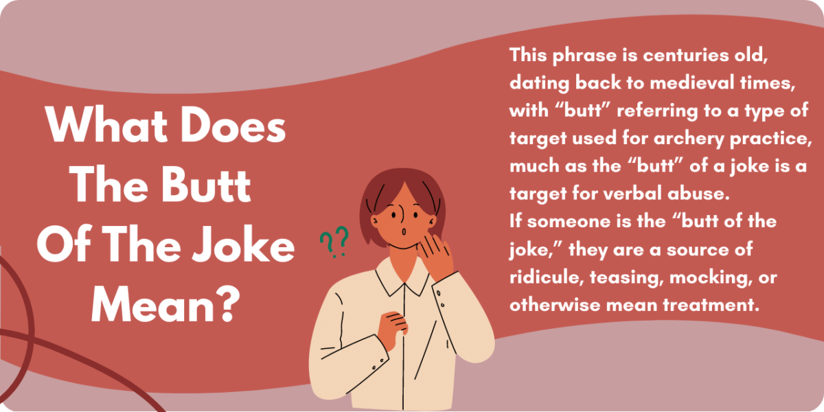 Graphic illustrating what the phrase "the butt of the joke" means. If someone is "the butt of the joke," they are a source of ridicule, mocking, teasing, or otherwise mean treatment. 