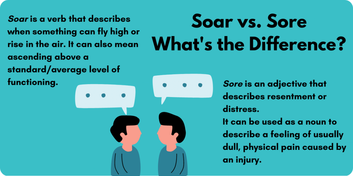 Graphic illustrating the difference between soar and sore. Soar is a verb describing when something can fly high or rise.  It can also mean ascend.  Sore is an adjective that describes resentment or distress.  It can also be used as a noun describing a feeling of dull, physical pain cause by injury. 