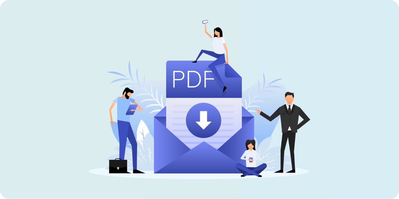 PDF document surrounded by business people (graphic)
